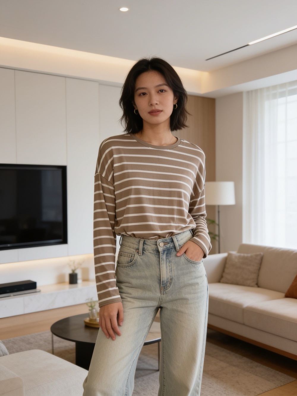 GAP Taupe and White Striped Long-Sleeve Tee